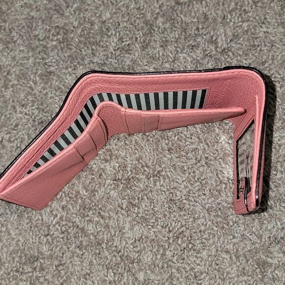 Kate Spade Pebbled Leather Trifold Coral Pink Salmon Wallet w Striped Lining - Picture 10 of 16